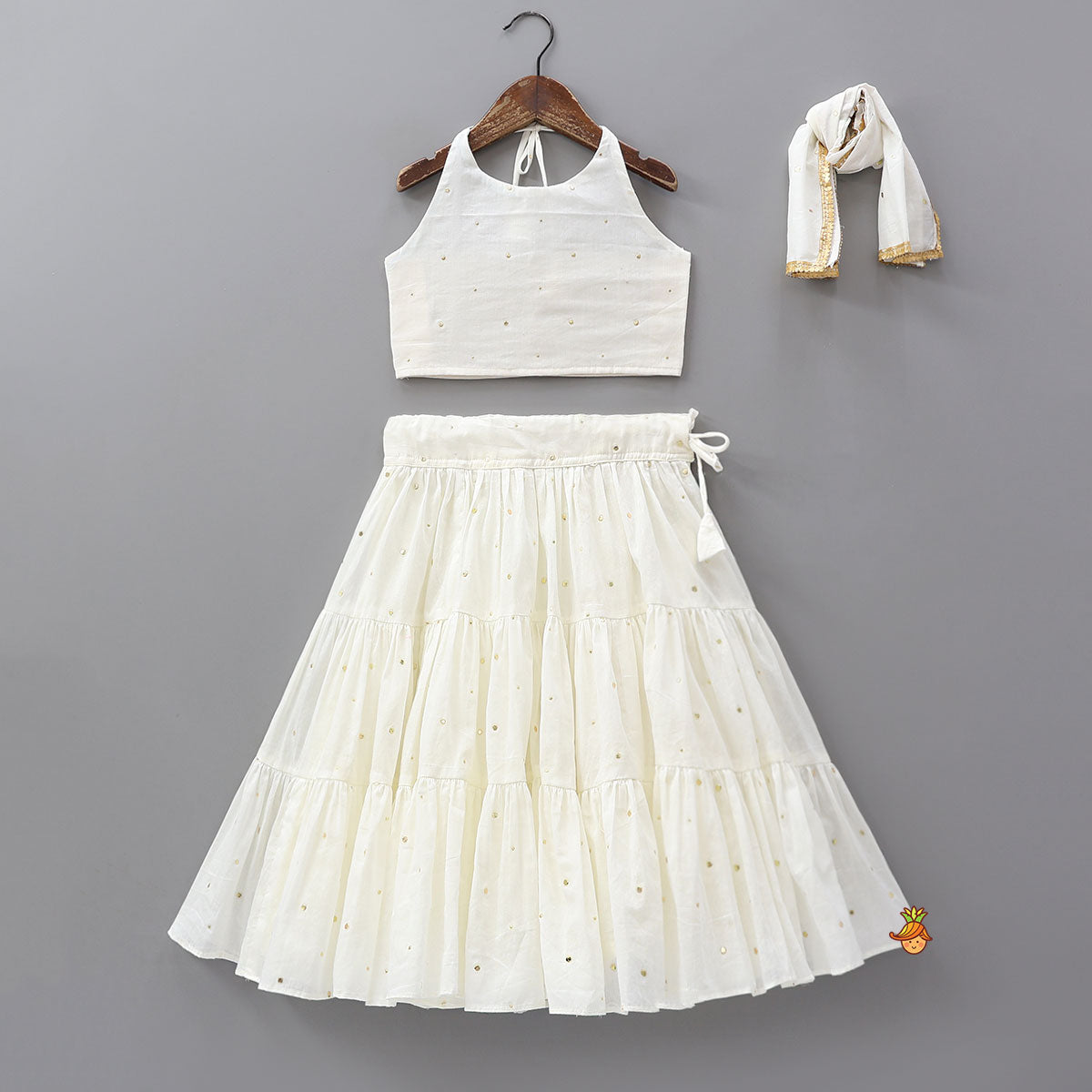 Halter Neck Cotton Crop Top And Tiered Lehenga With Matching Dupatta