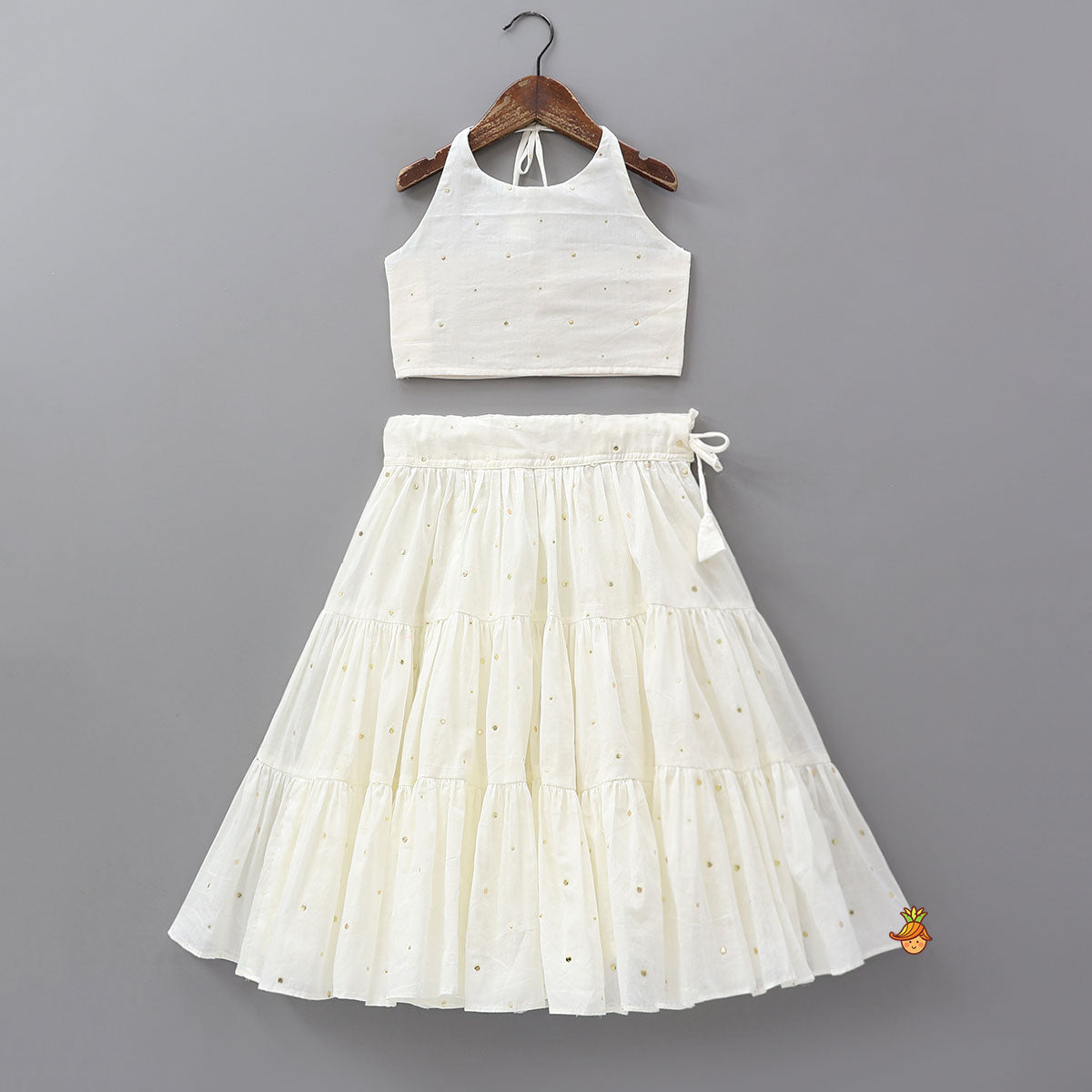 Halter Neck Cotton Crop Top And Tiered Lehenga With Matching Dupatta