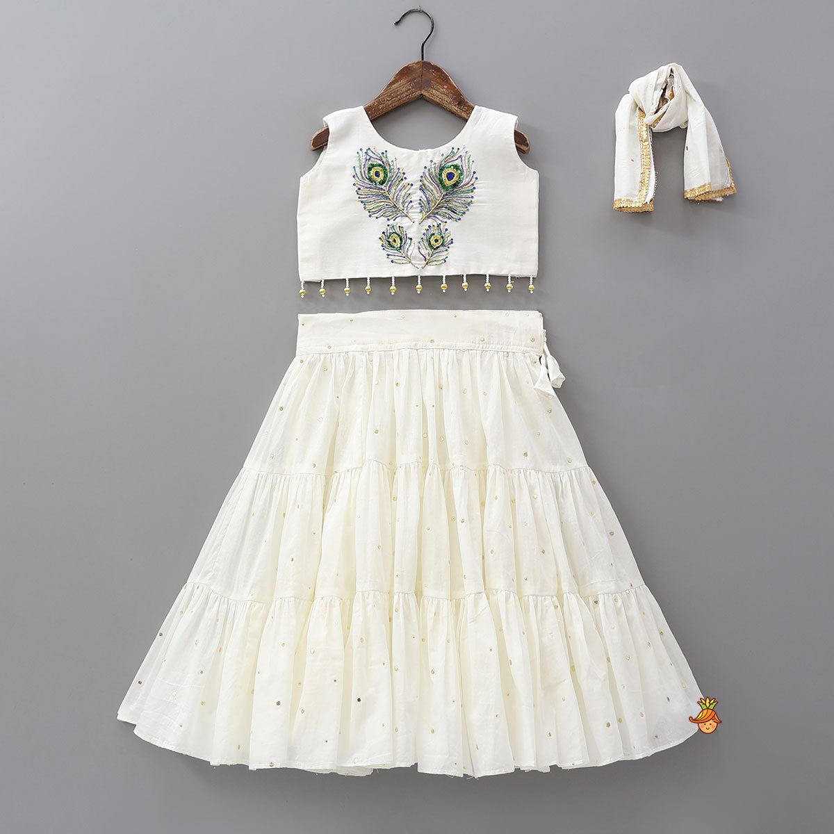 Hand Embroidered Cotton Crop Top And Tiered Lehenga With Matching Dupatta
