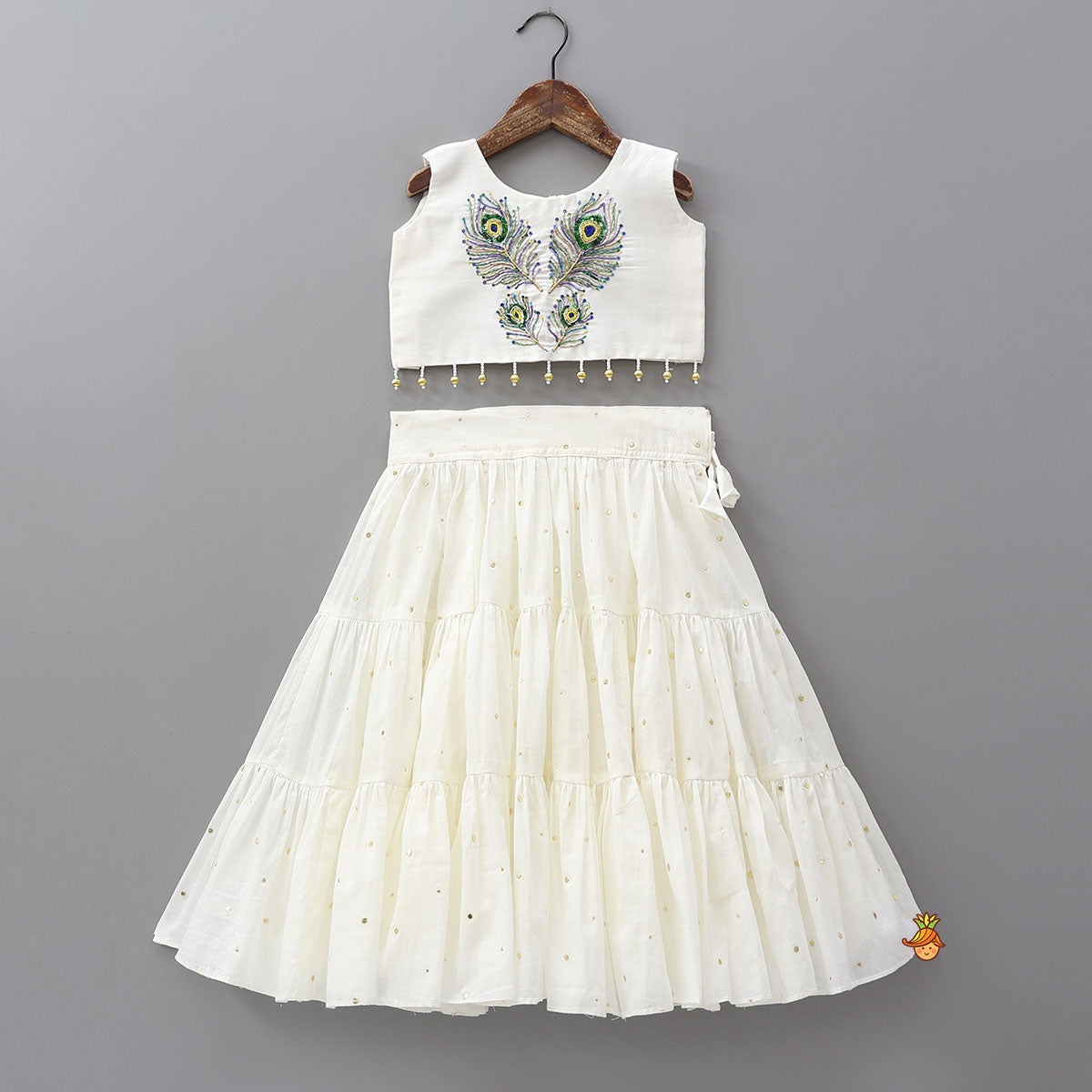 Hand Embroidered Cotton Crop Top And Tiered Lehenga With Matching Dupatta
