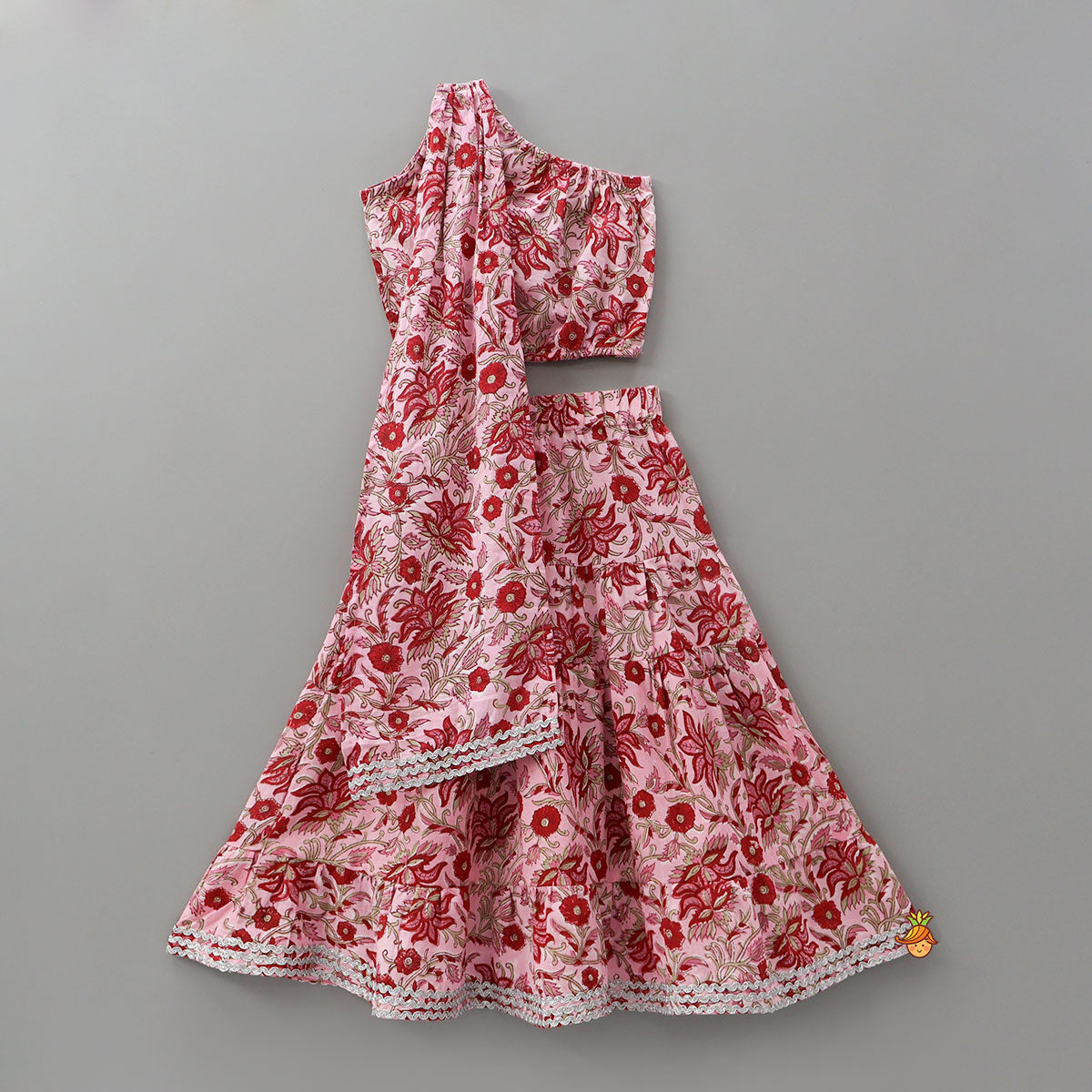 Hand Block Printed One Shoulder Drape Top And Lehenga