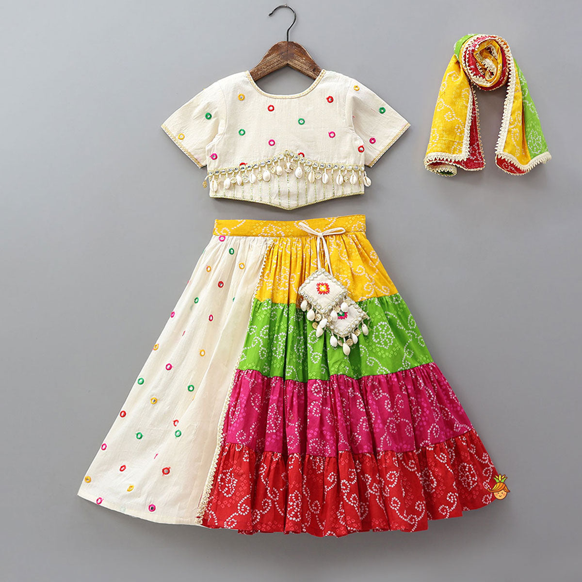 Exquisite Faux Mirror Embellished Crop Top With Multicolour Bandhani Printed Lehenga And Dupatta