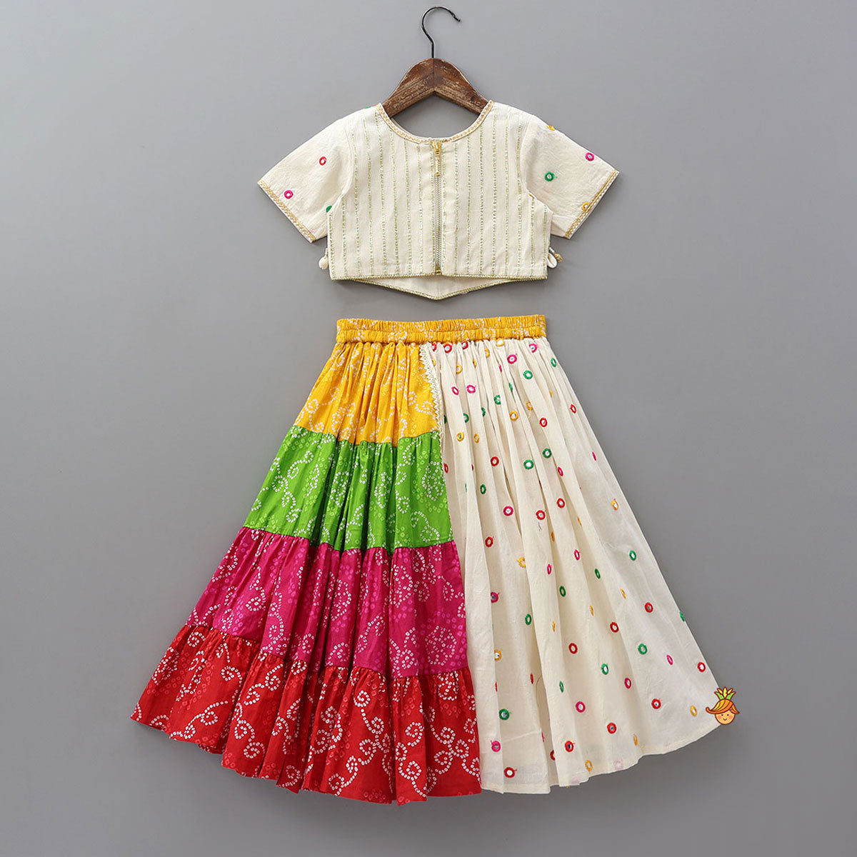 Exquisite Faux Mirror Embellished Crop Top With Multicolour Bandhani Printed Lehenga And Dupatta