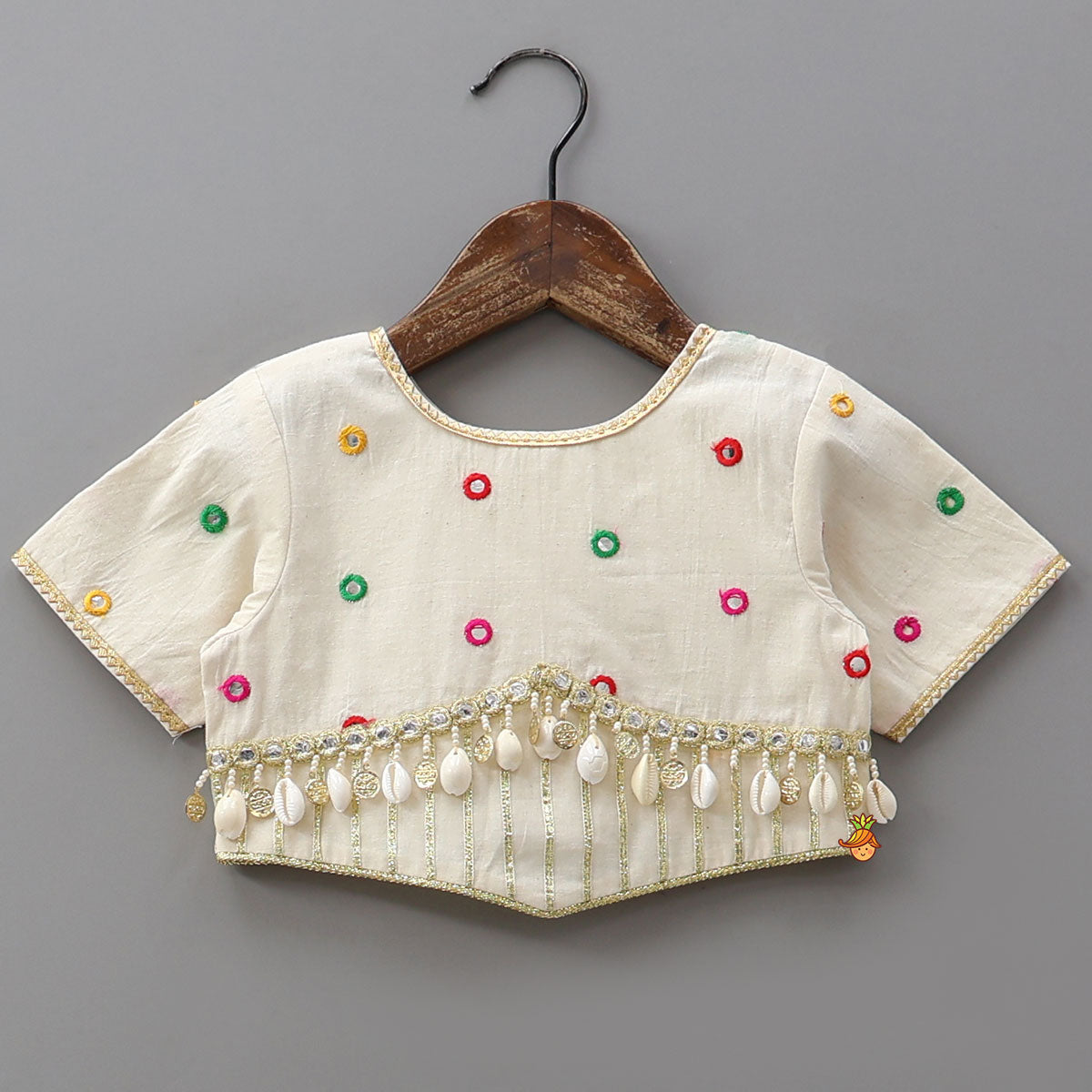 Exquisite Faux Mirror Embellished Crop Top With Multicolour Bandhani Printed Lehenga And Dupatta