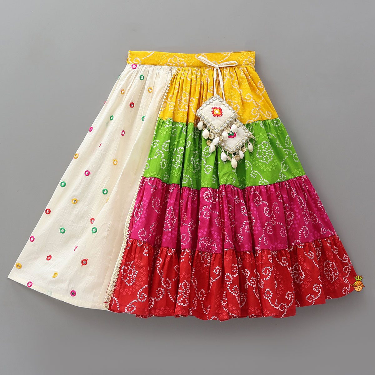 Exquisite Faux Mirror Embellished Crop Top With Multicolour Bandhani Printed Lehenga And Dupatta