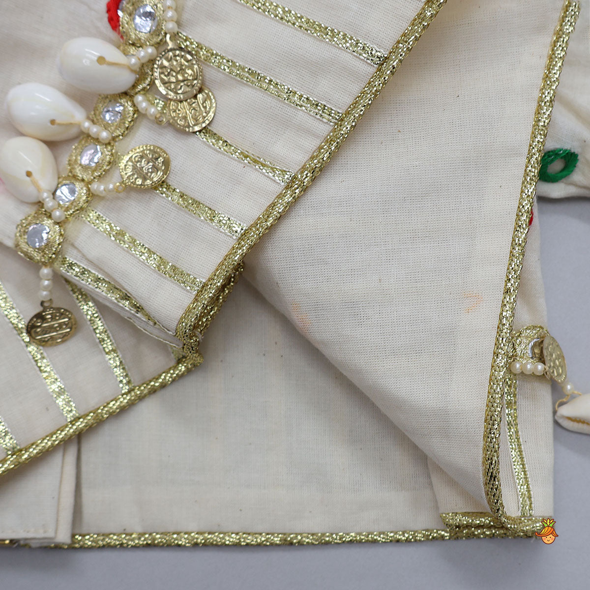 Exquisite Faux Mirror Embellished Crop Top With Multicolour Bandhani Printed Lehenga And Dupatta