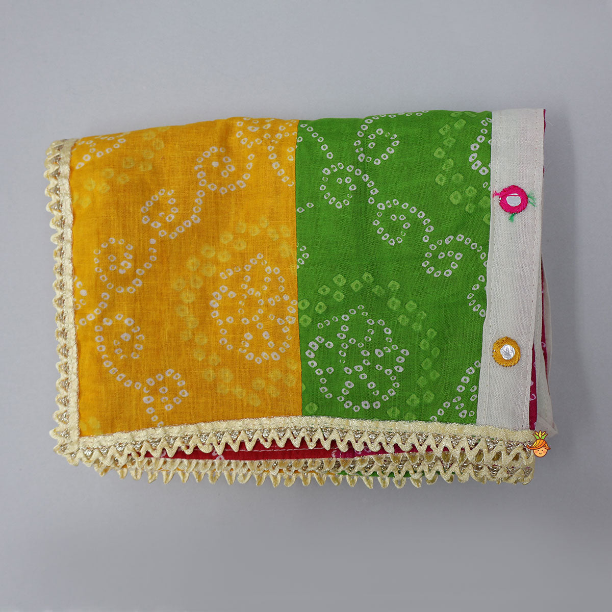 Exquisite Faux Mirror Embellished Crop Top With Multicolour Bandhani Printed Lehenga And Dupatta