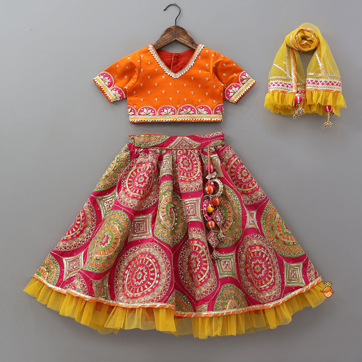 V Neck Gota Work Crop Top And Lehenga With  Contrasting Dupatta