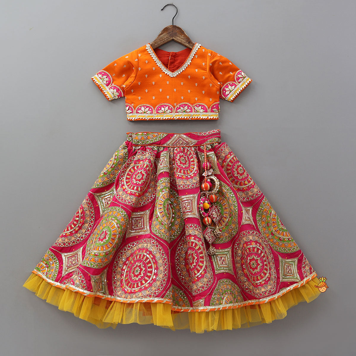 V Neck Gota Work Crop Top And Lehenga With  Contrasting Dupatta