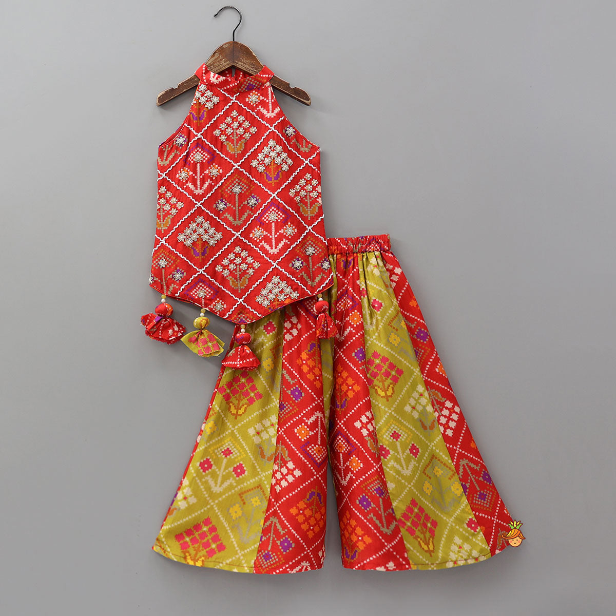 Charming Patola Inspired Embroidered Halter Top With Flared Palazzo