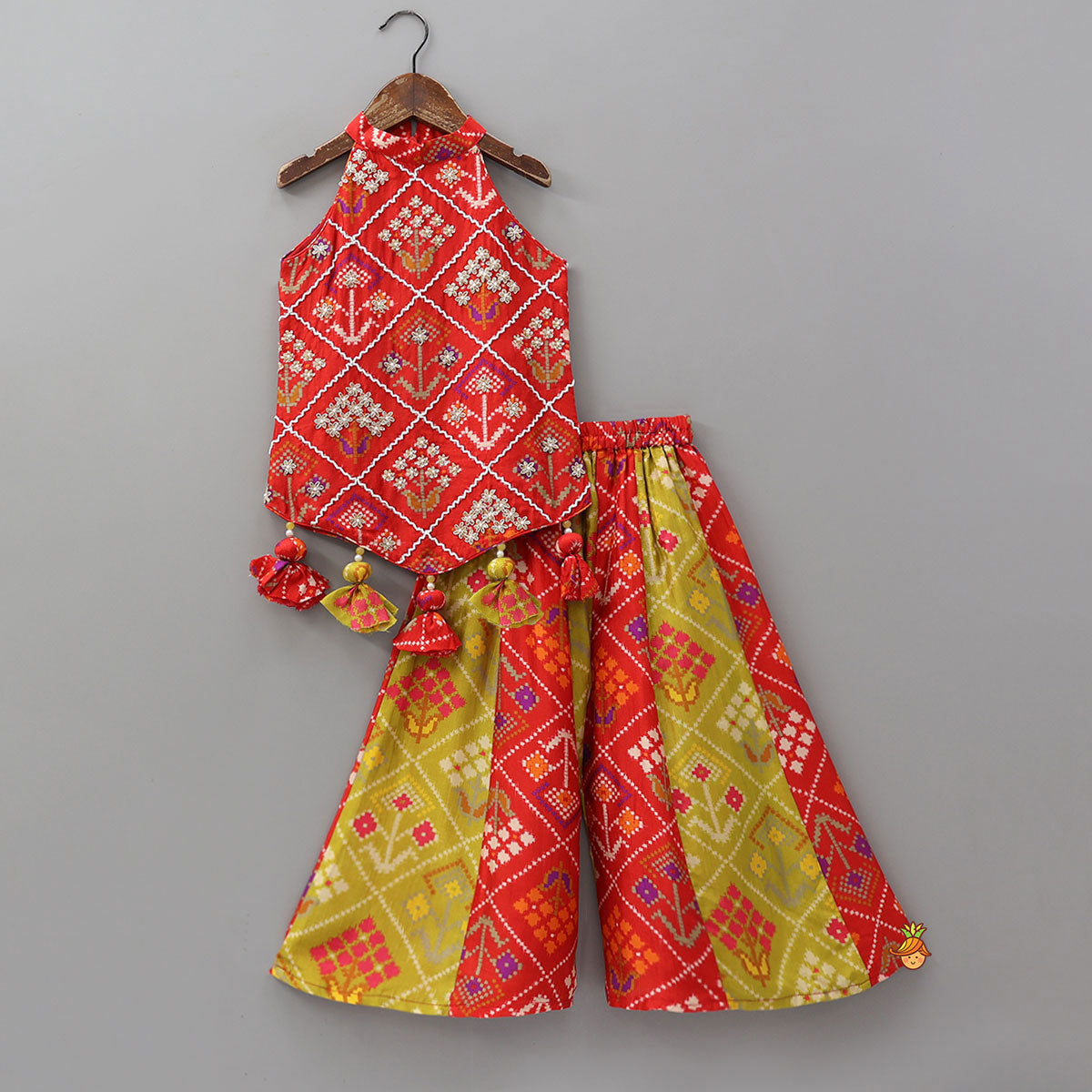 Charming Patola Inspired Embroidered Halter Top With Flared Palazzo