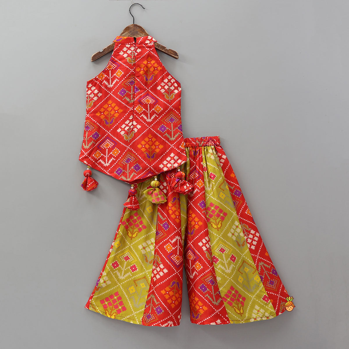 Charming Patola Inspired Embroidered Halter Top With Flared Palazzo
