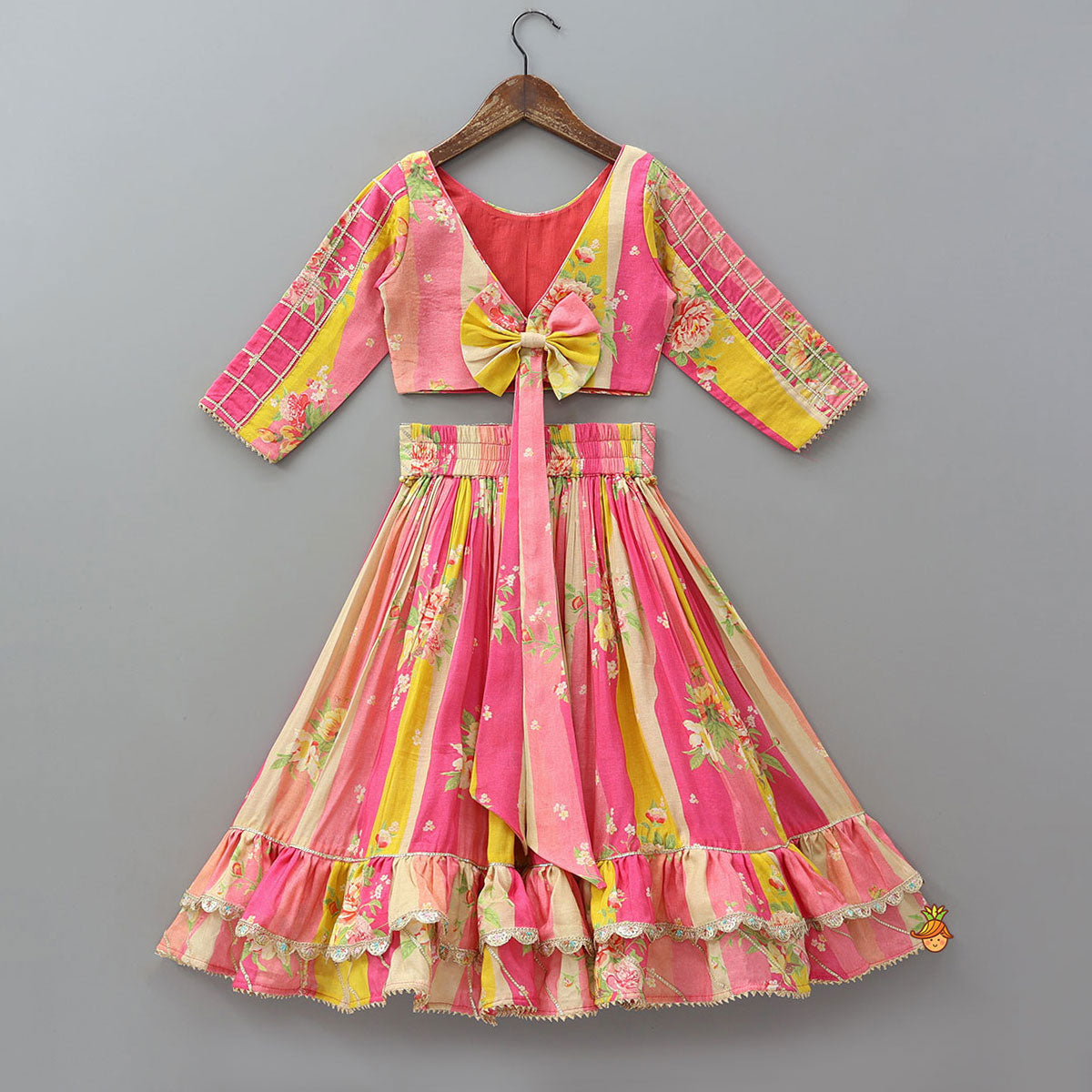 Pin Tuck Detailed Yoke Crop Top And Lehenga With Dupatta
