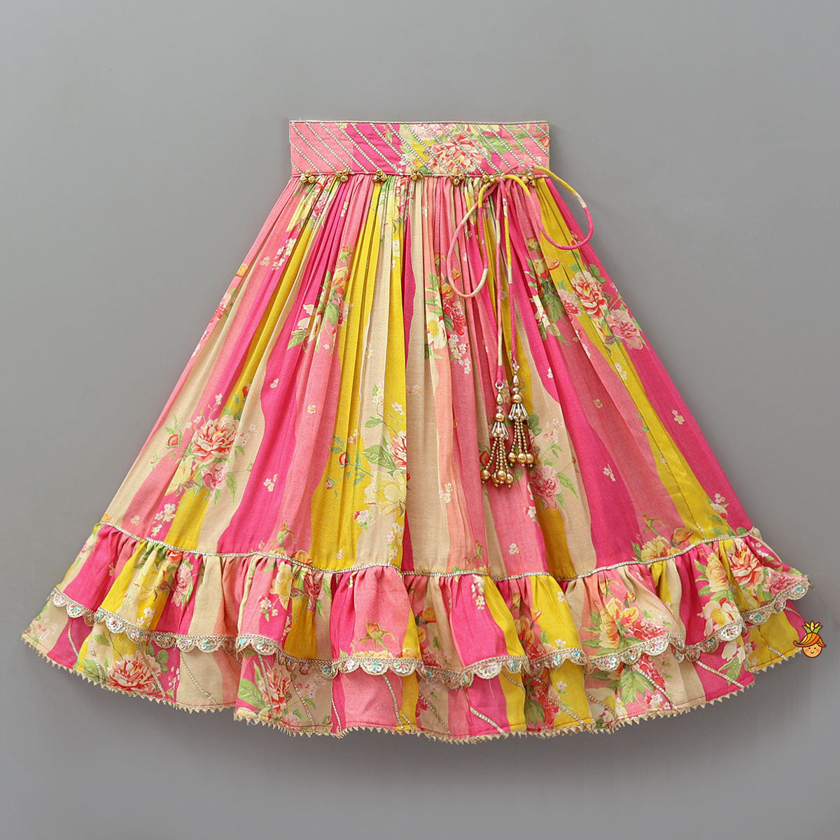 Pin Tuck Detailed Yoke Crop Top And Lehenga With Dupatta