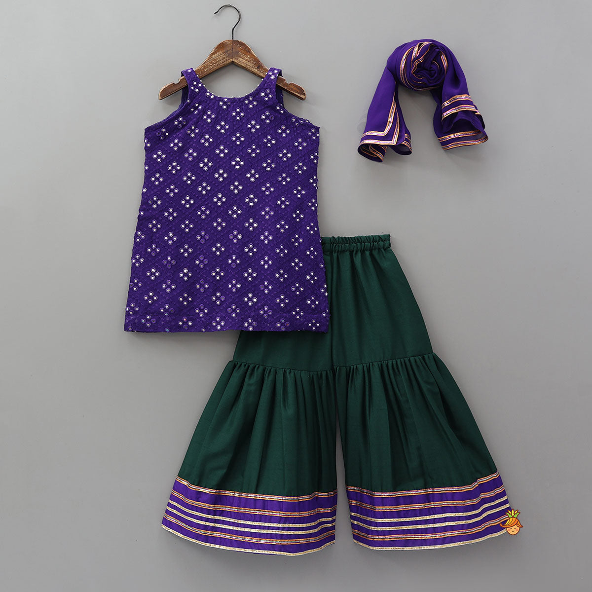 Festive Faux Mirror Work Kurti And Sharara With Dupatta