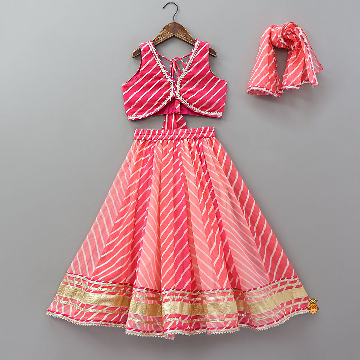 Vibrant Leheriya Printed Crop Top And Lehenga With Dupatta