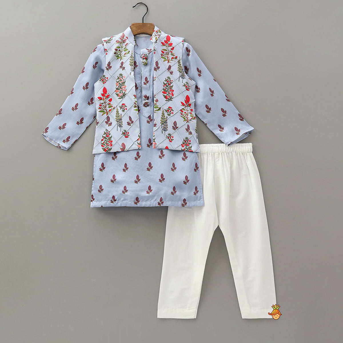 Floral Printed Kurta With Checks Open Jacket And Pyjama