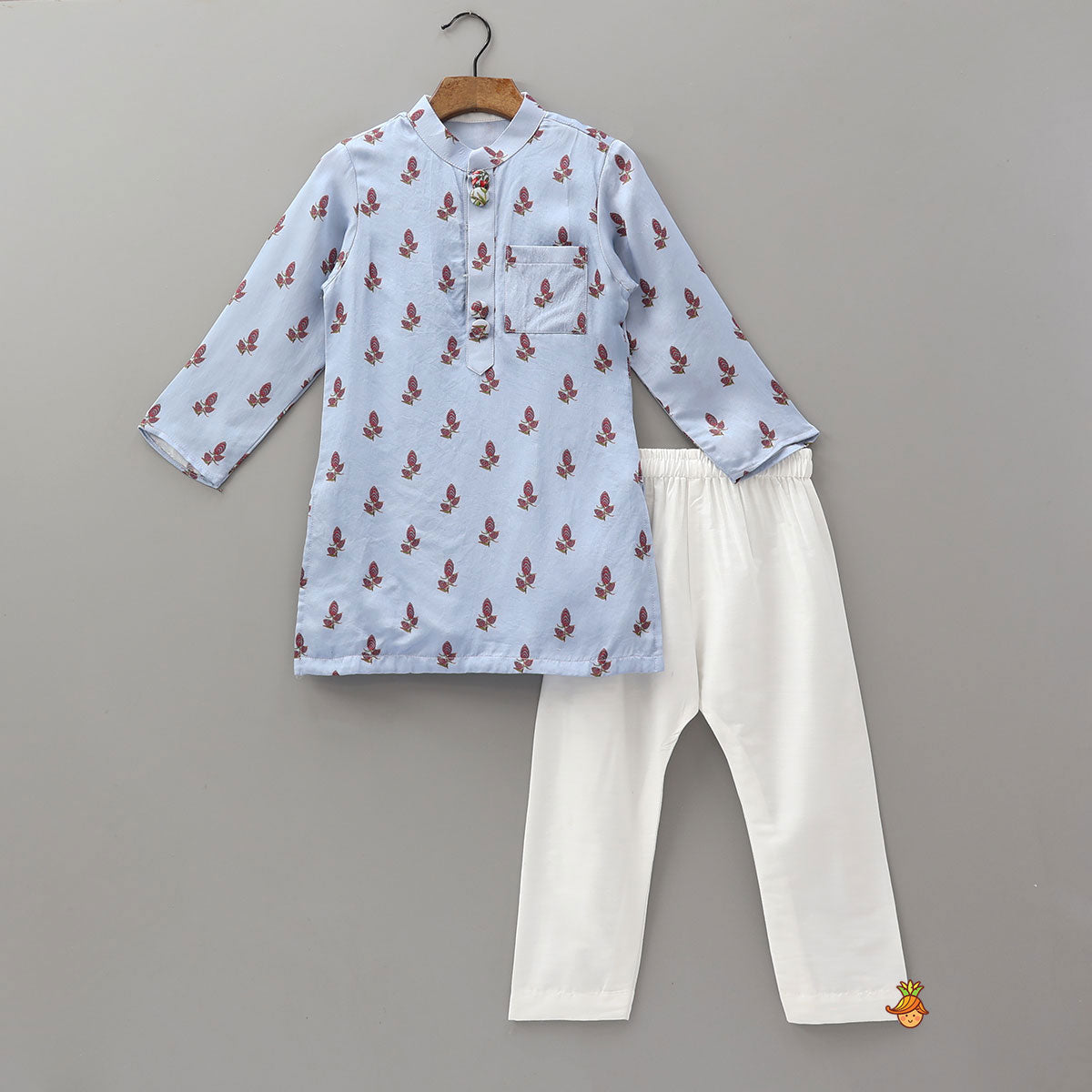 Floral Printed Kurta With Checks Open Jacket And Pyjama