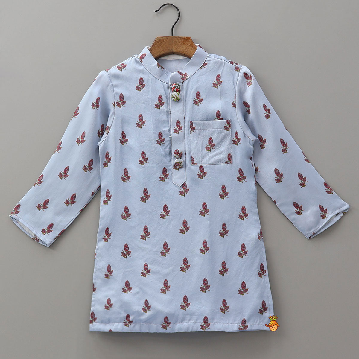 Floral Printed Kurta With Checks Open Jacket And Pyjama