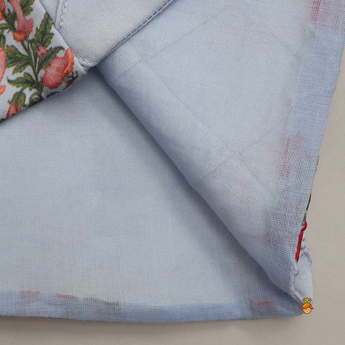 Floral Printed Kurta With Checks Open Jacket And Pyjama