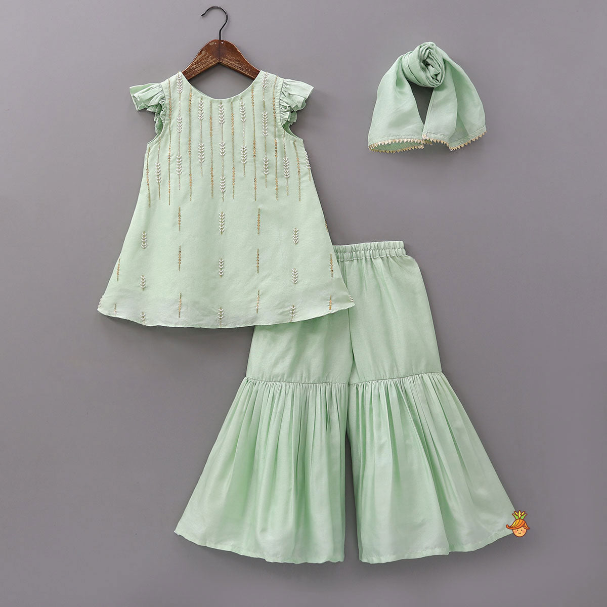 Ruffle Detail Kurti And Sharara With Coordinated Dupatta