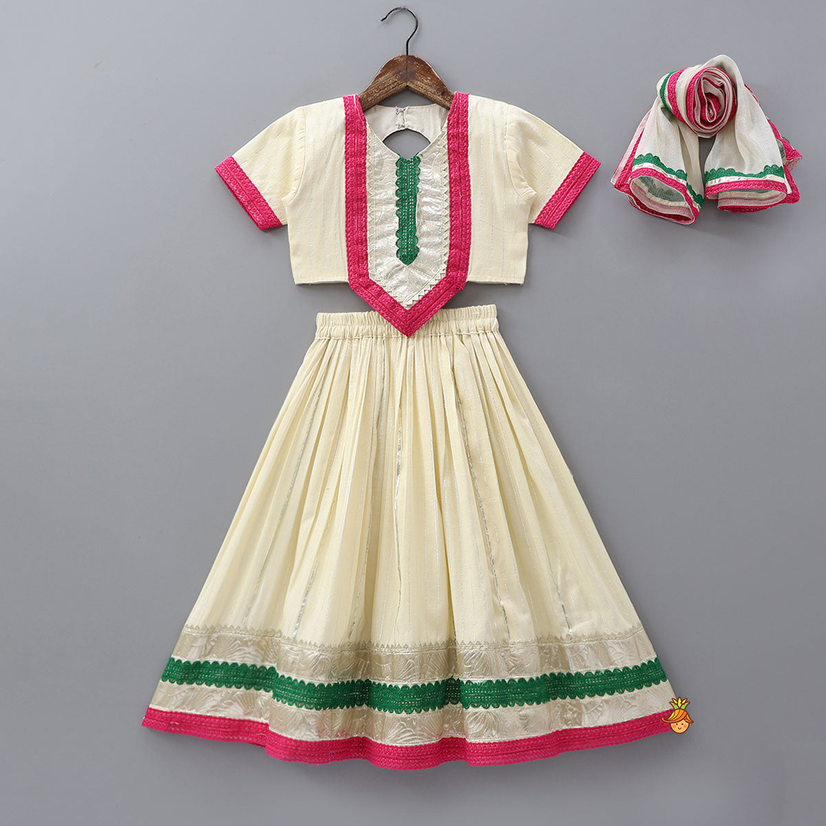 Lurex Striped Crop Top And Lehenga With Matching Shiny Dupatta