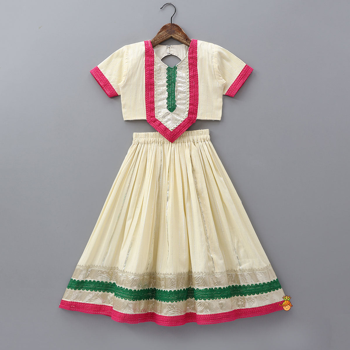 Lurex Striped Crop Top And Lehenga With Matching Shiny Dupatta