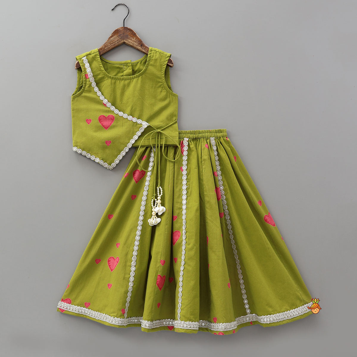 Heart Printed Asymmetric Crop Top And Lehenga