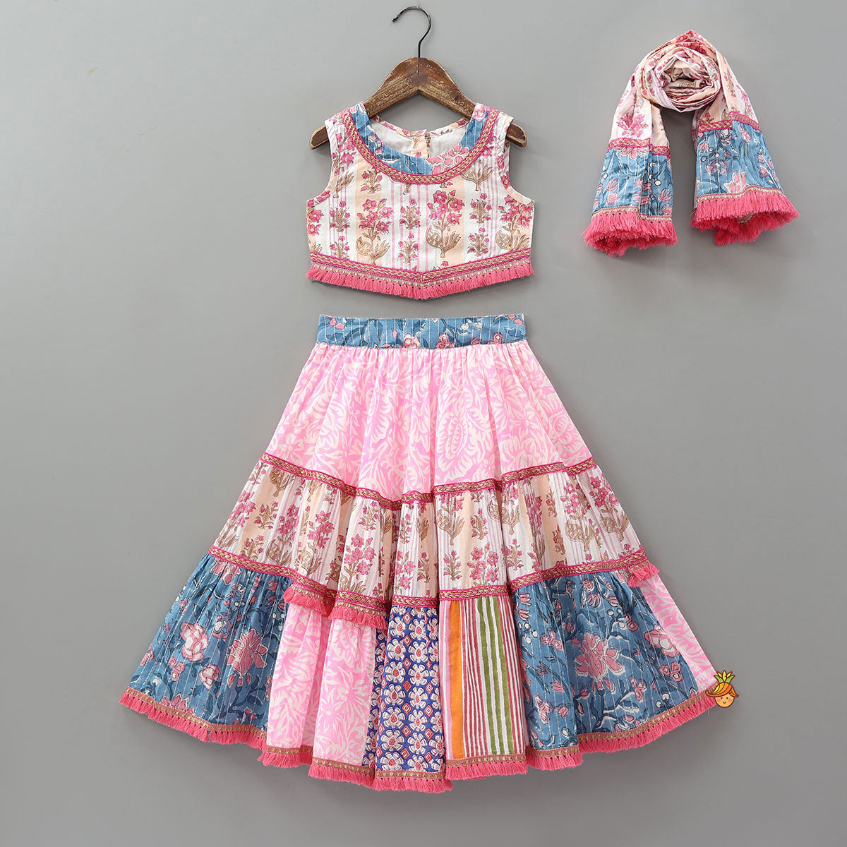 Hand Block Printed Cotton Crop Top And Lehenga With Dupatta