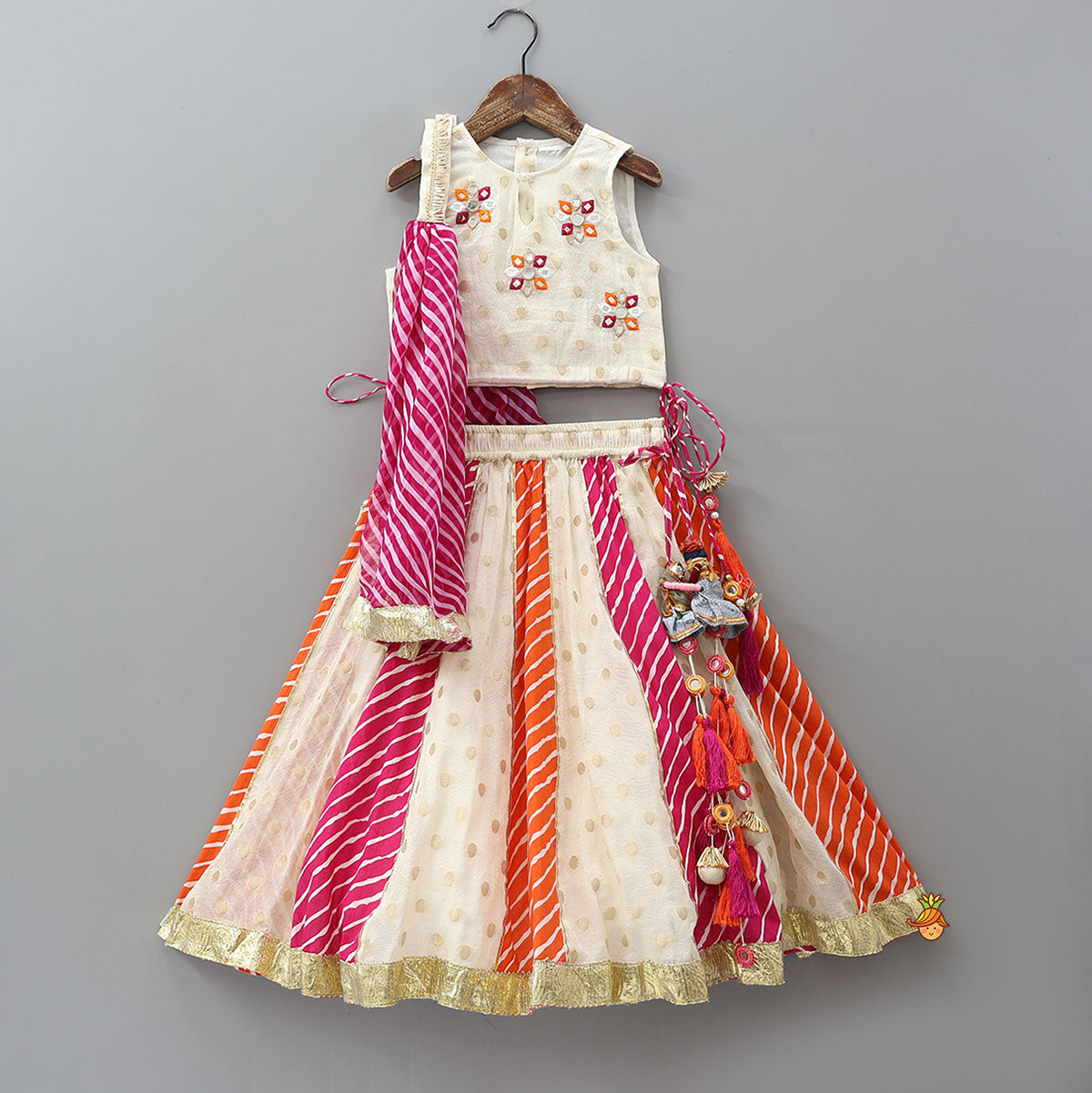 Mirror Work Crop Top And Leheriya Printed Lehenga With Stylish Dupatta