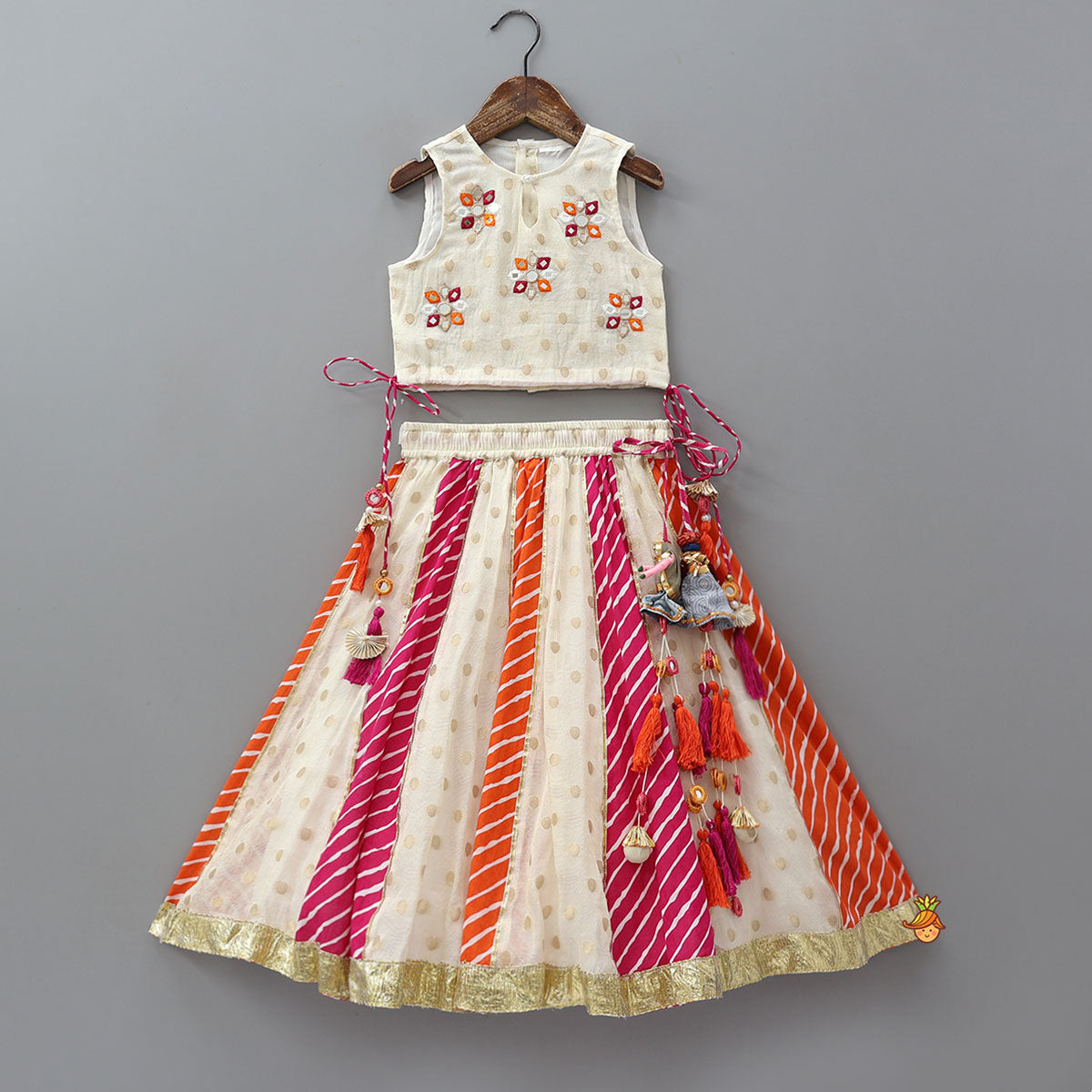 Mirror Work Crop Top And Leheriya Printed Lehenga With Stylish Dupatta