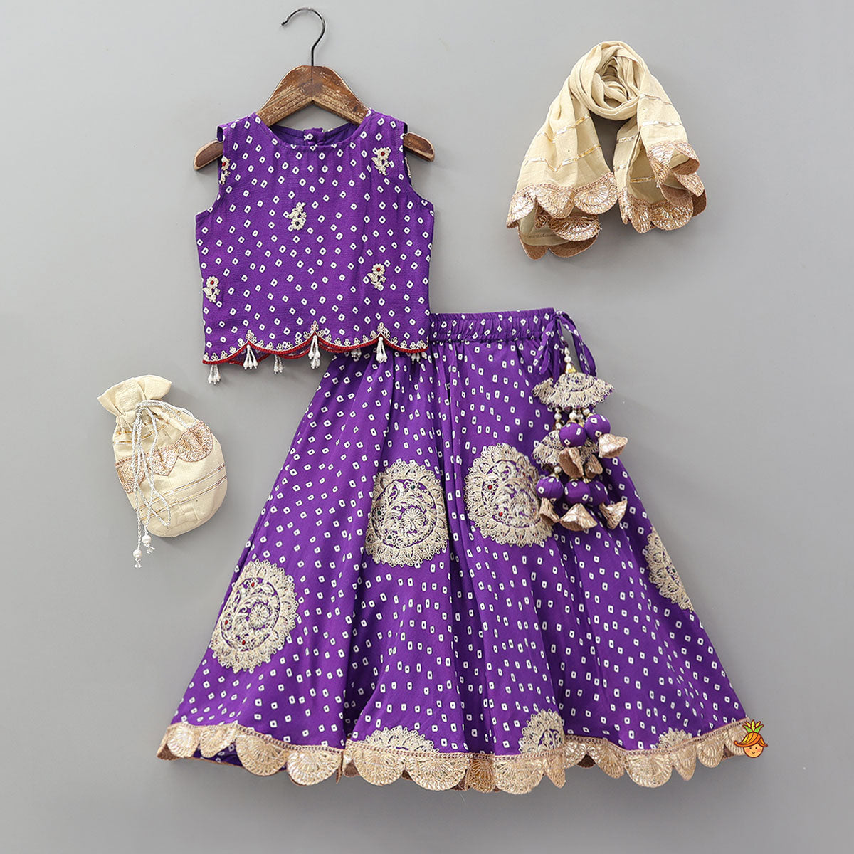 Bandhani Printed Crop Top And Embroidered Lehenga With Dupatta And Potli Bag