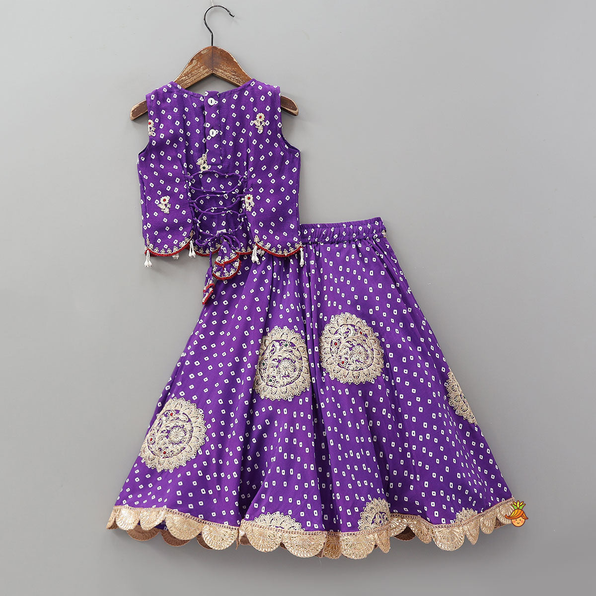 Bandhani Printed Crop Top And Embroidered Lehenga With Dupatta And Potli Bag