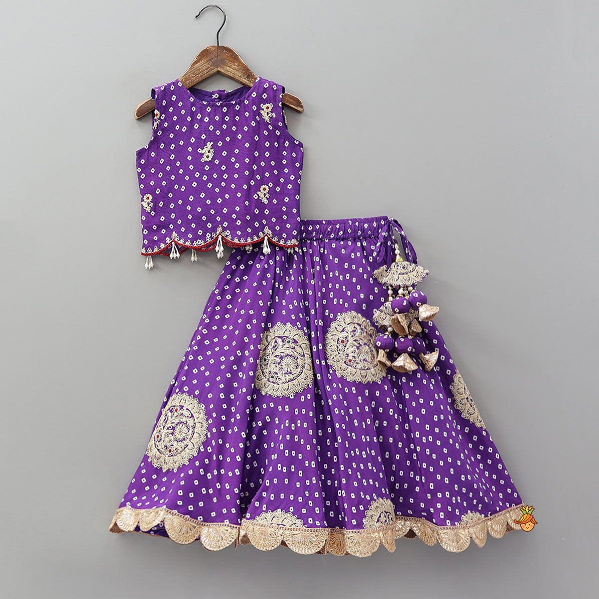 Bandhani Printed Crop Top And Embroidered Lehenga With Dupatta And Potli Bag