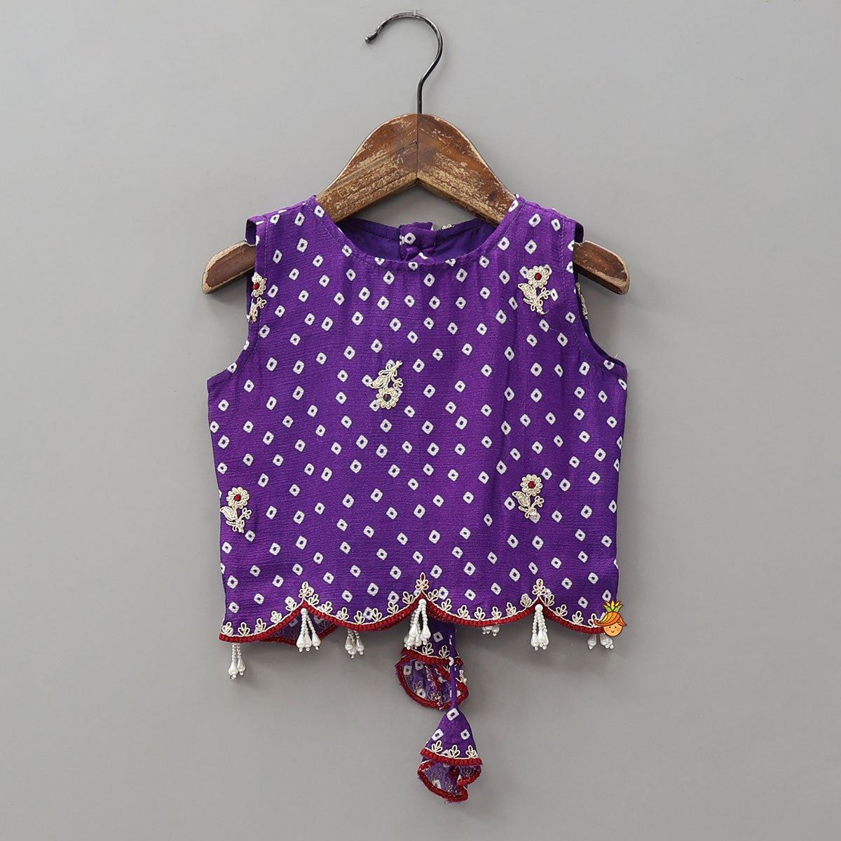 Bandhani Printed Crop Top And Embroidered Lehenga With Dupatta And Potli Bag