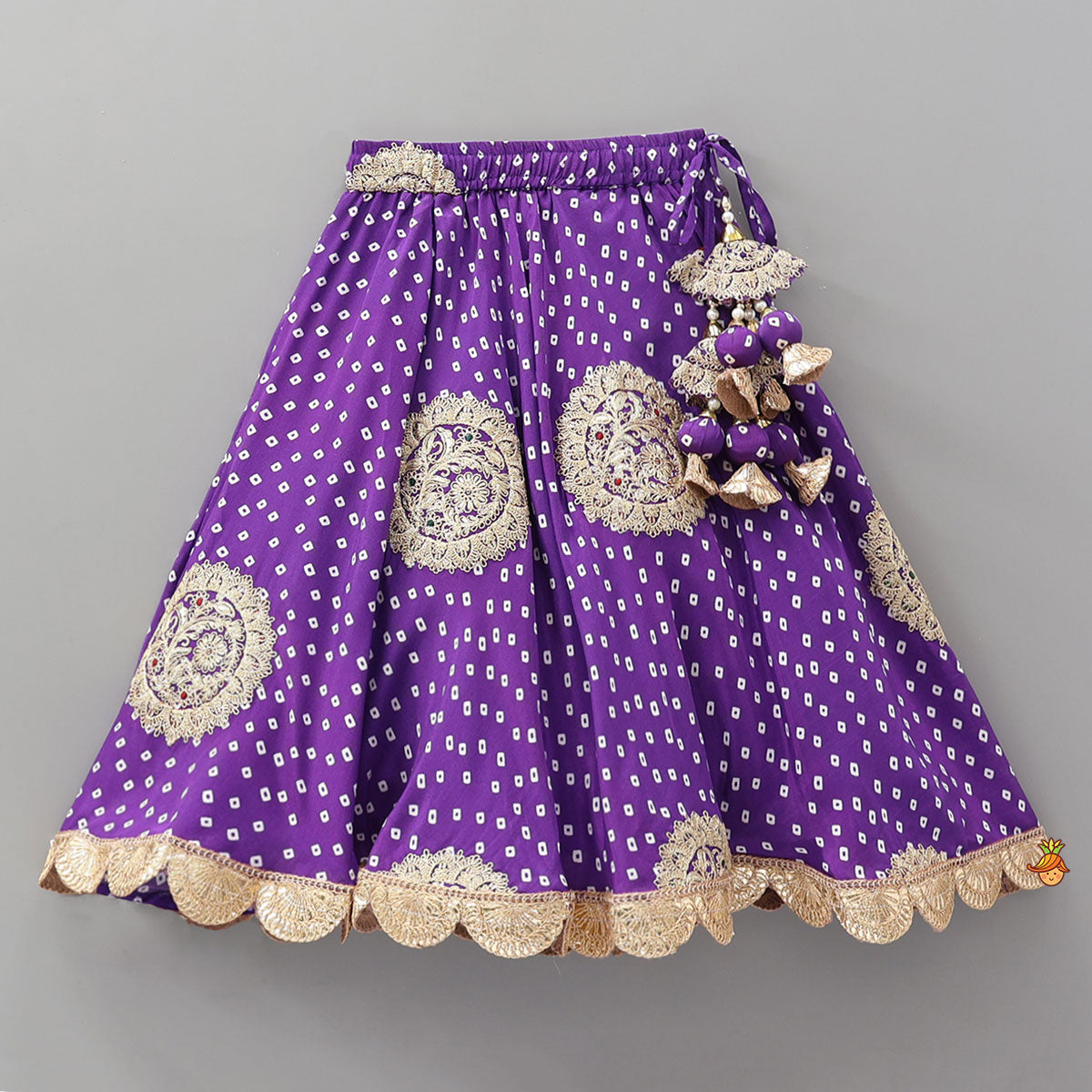 Bandhani Printed Crop Top And Embroidered Lehenga With Dupatta And Potli Bag