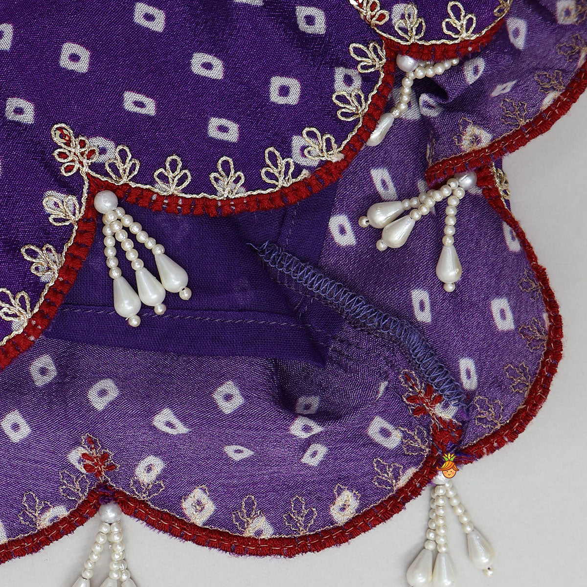 Bandhani Printed Crop Top And Embroidered Lehenga With Dupatta And Potli Bag