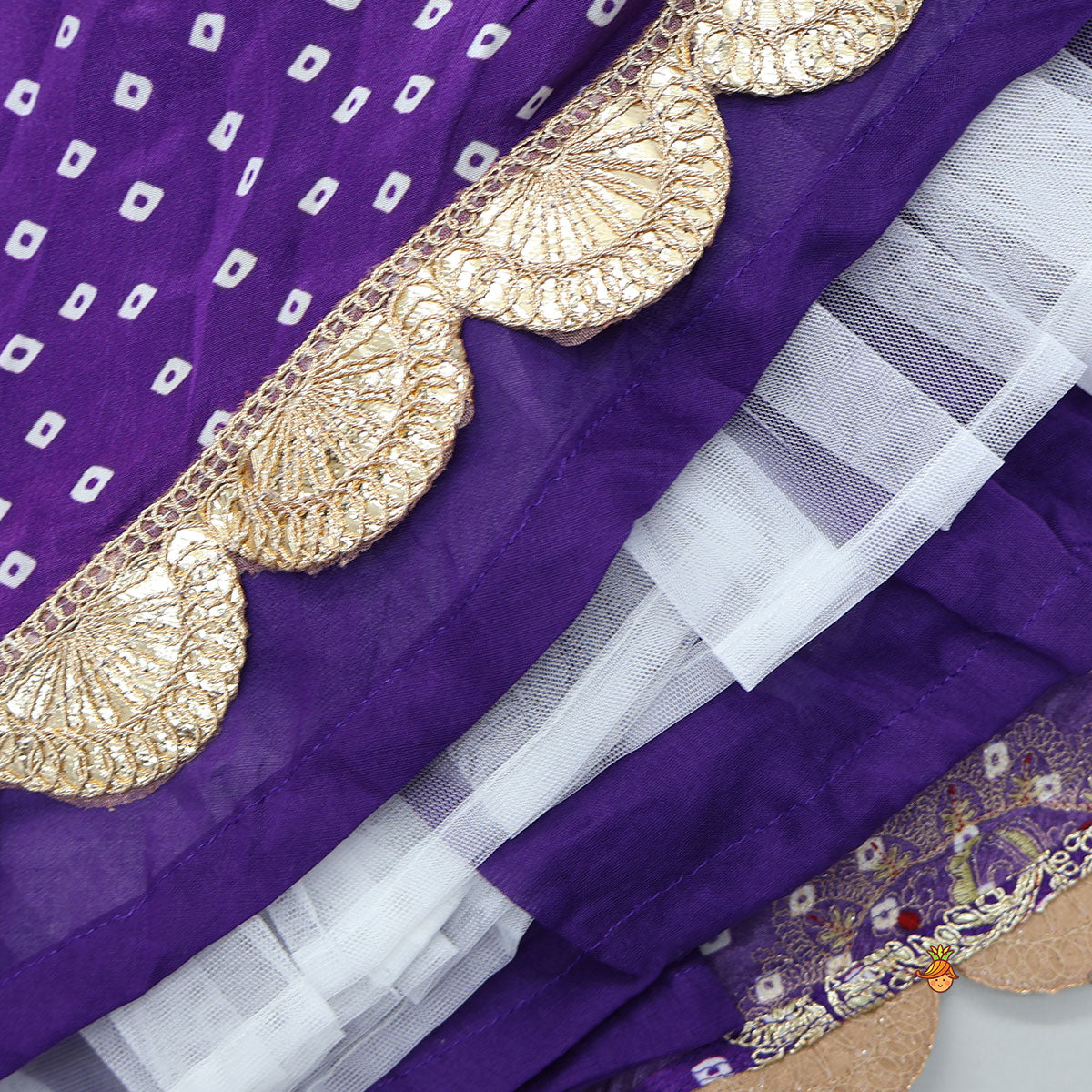 Bandhani Printed Crop Top And Embroidered Lehenga With Dupatta And Potli Bag