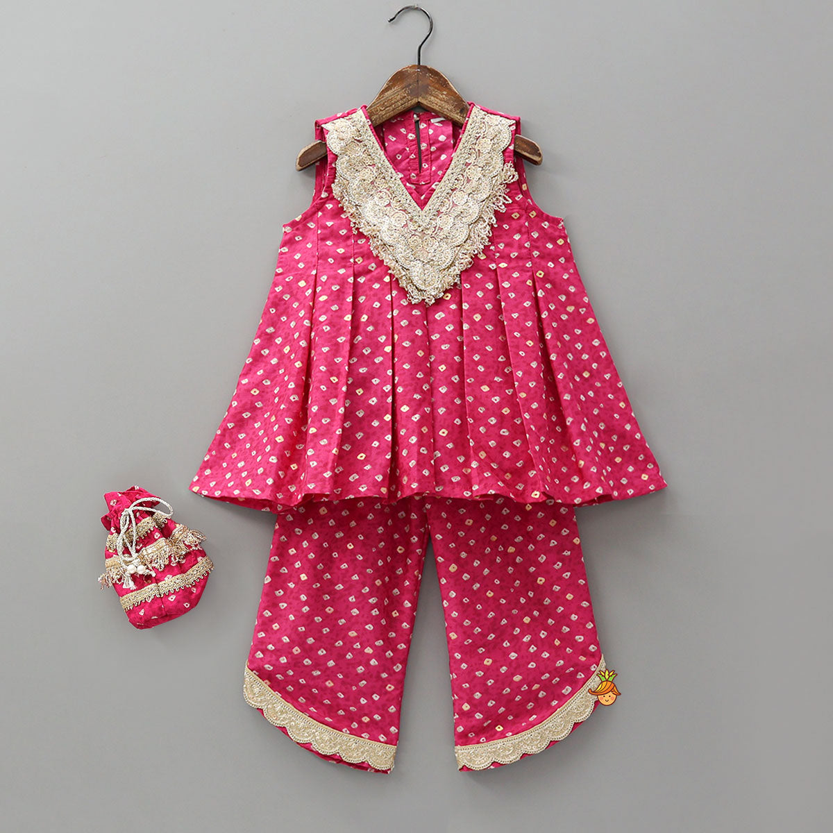 Box Pleated Bandhani Printed Kurti And Stylish Pant With Potli Bag