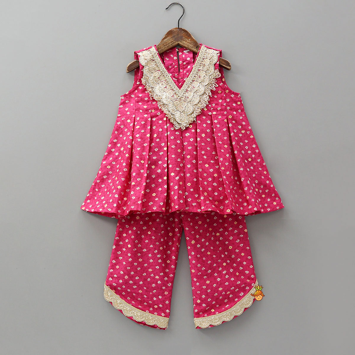 Box Pleated Bandhani Printed Kurti And Stylish Pant With Potli Bag