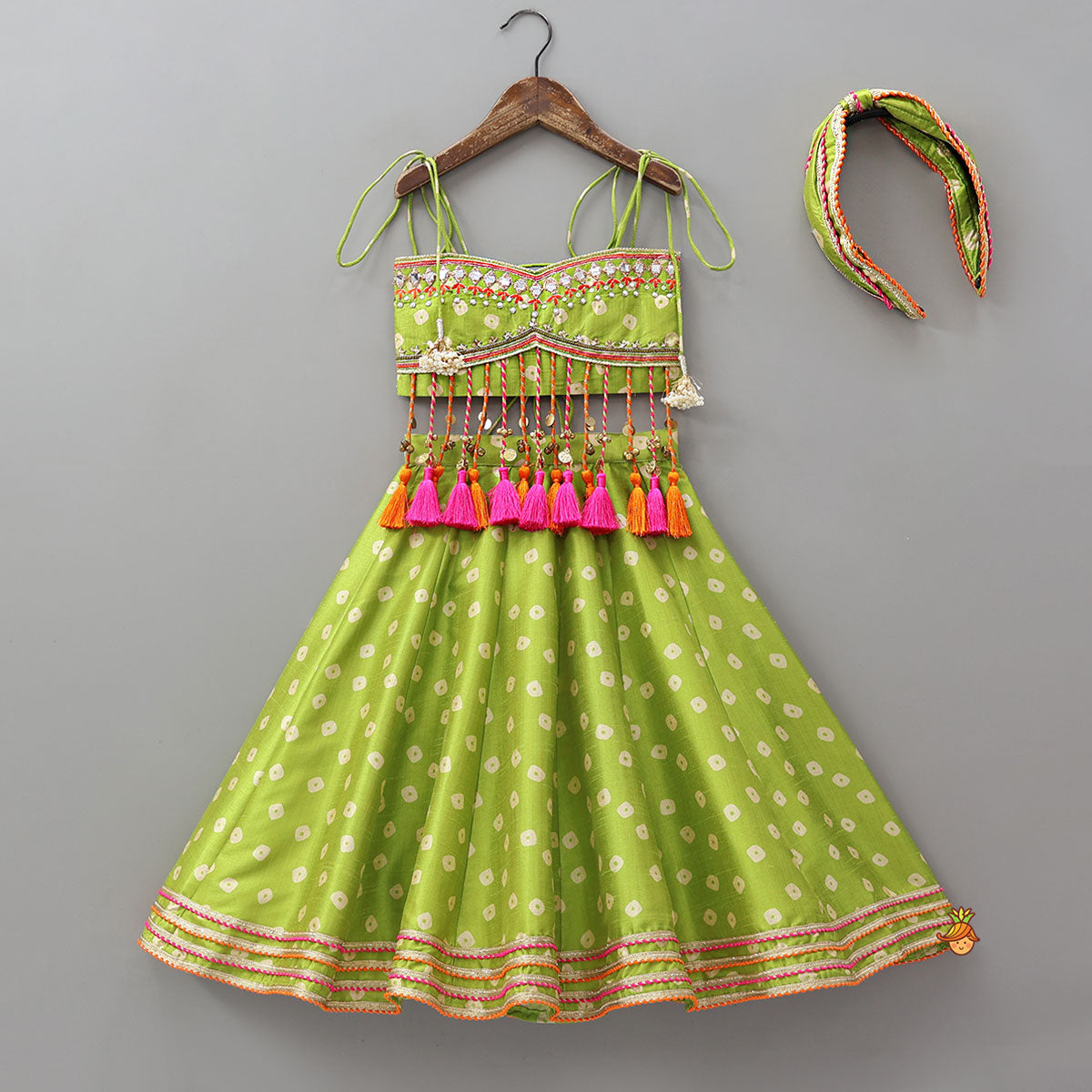 Festive Fringe Tassel Crop Top And Lehenga With Hair Band