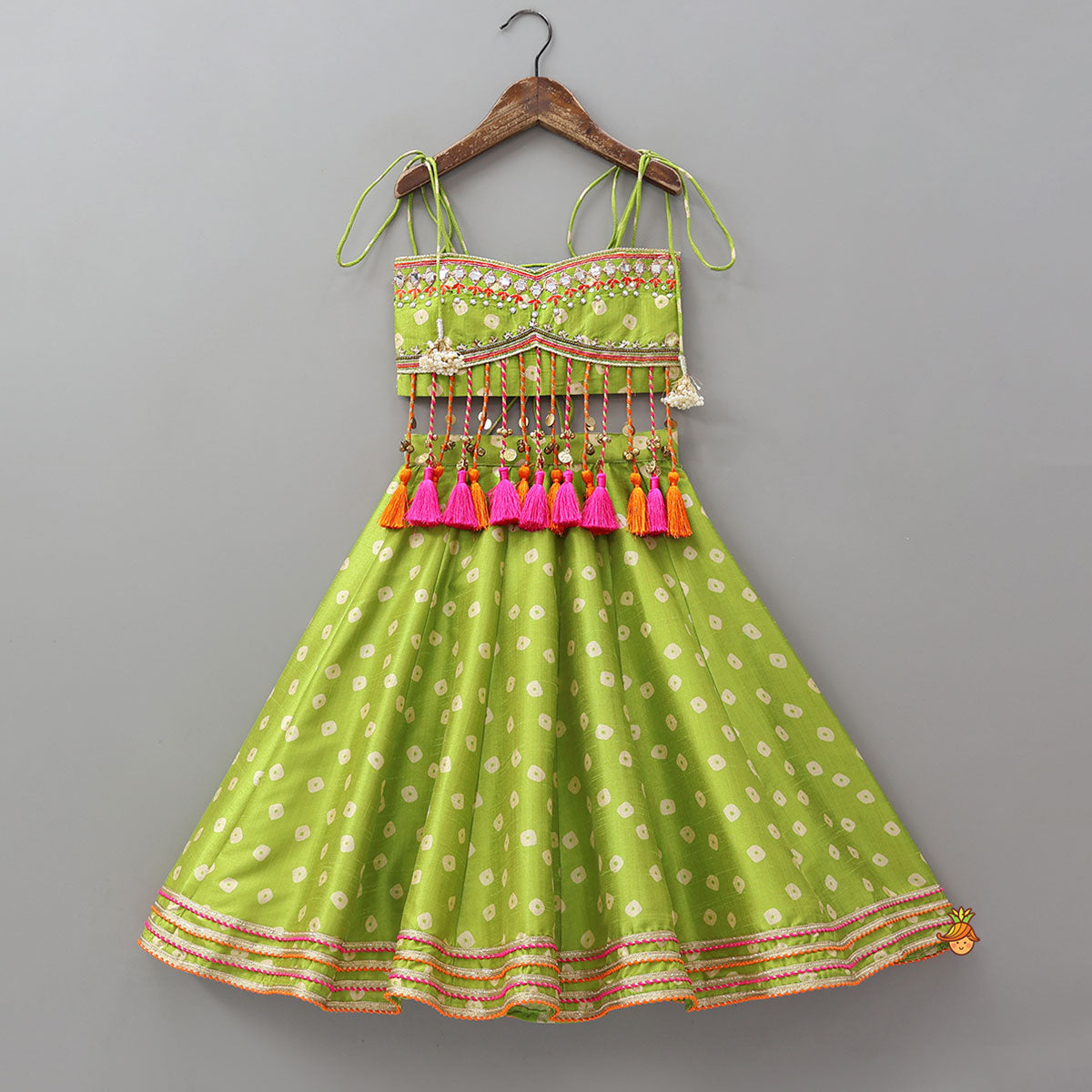 Festive Fringe Tassel Crop Top And Lehenga With Hair Band