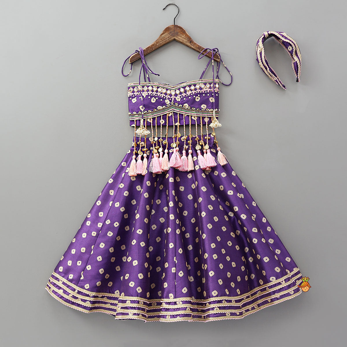 Festive Fringe Tassel Crop Top And Lehenga With Matching Hair Band