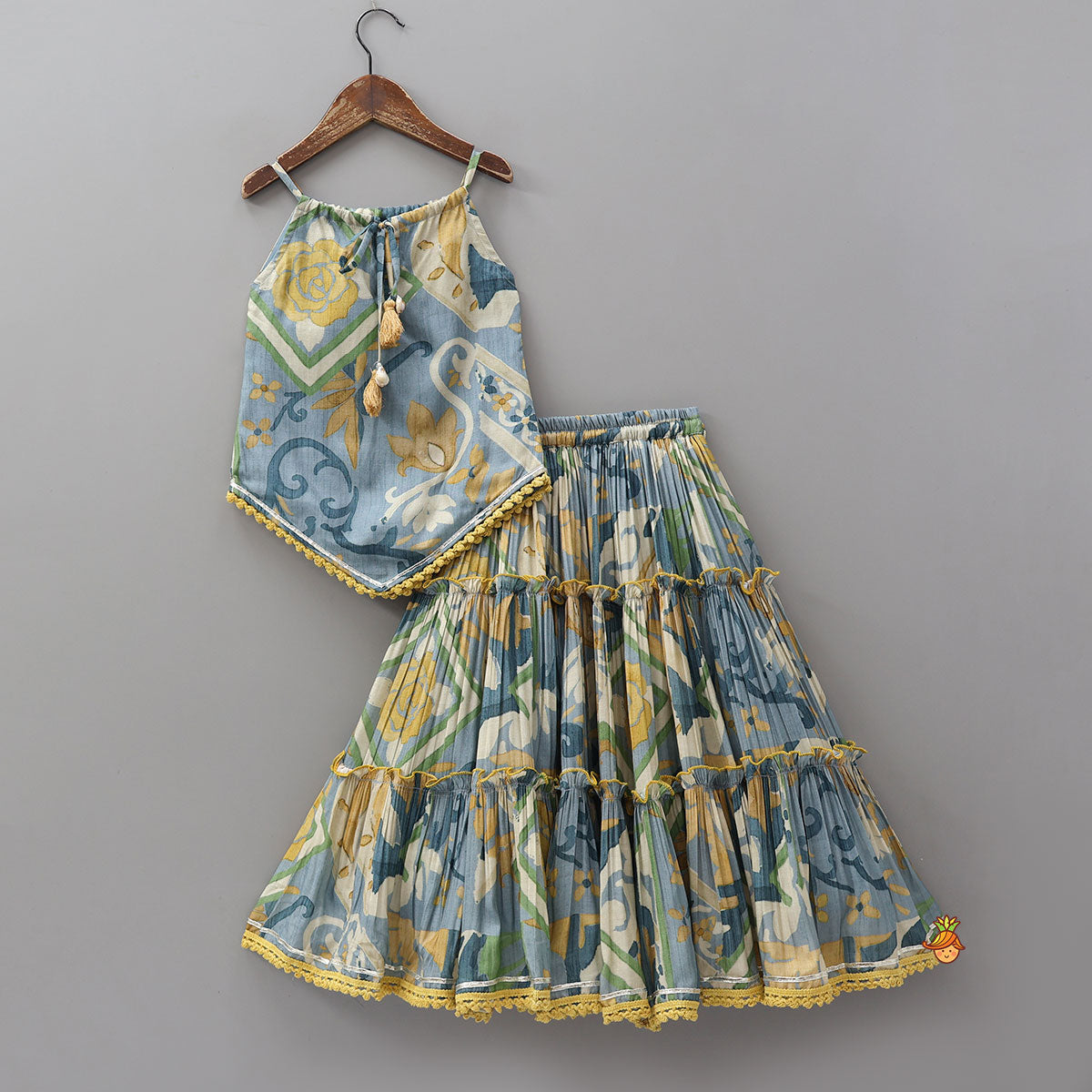 Asymmetric Printed Strappy Kurti And Lehenga
