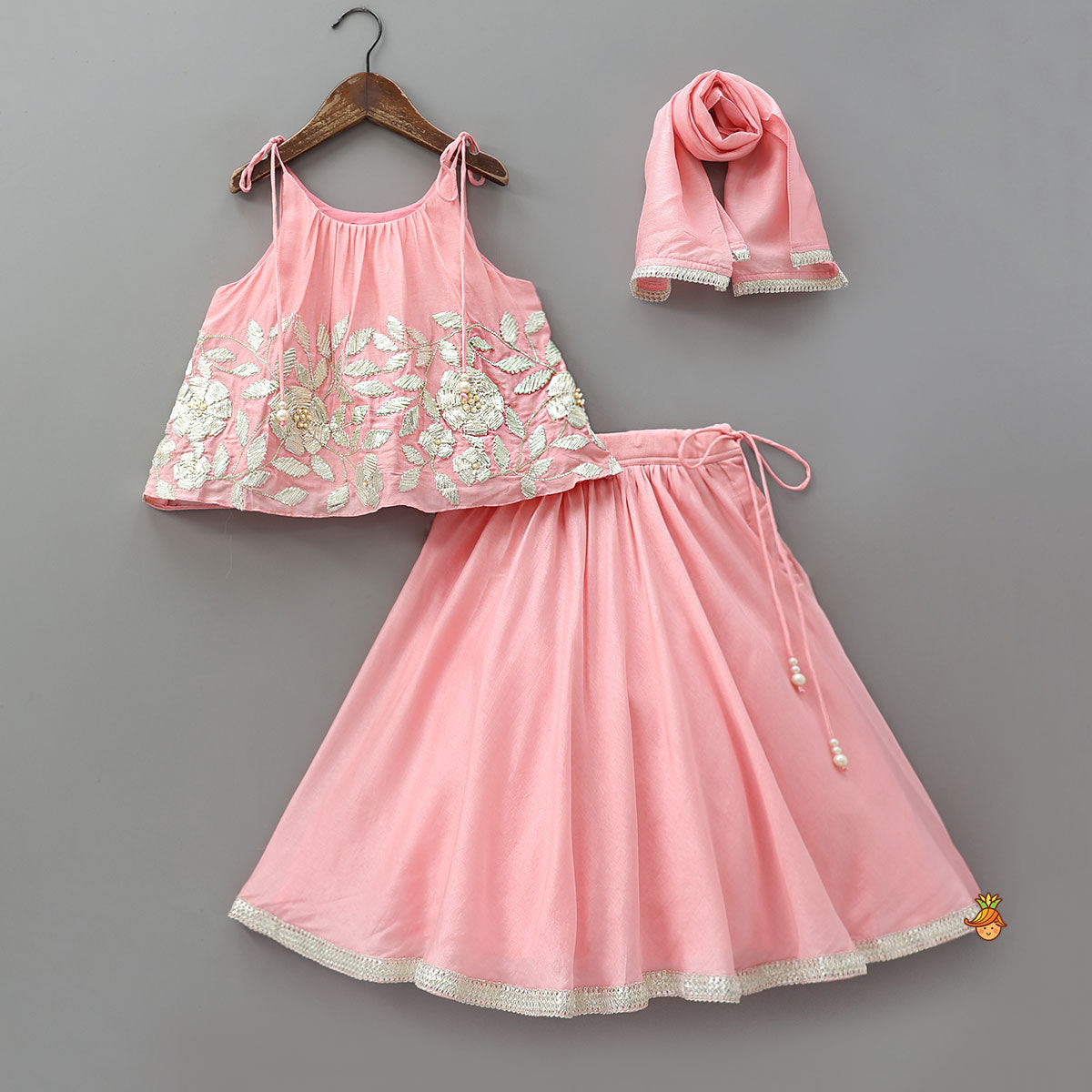 Gota Embroidered Strappy Top With Flared Lehenga And Matching Dupatta