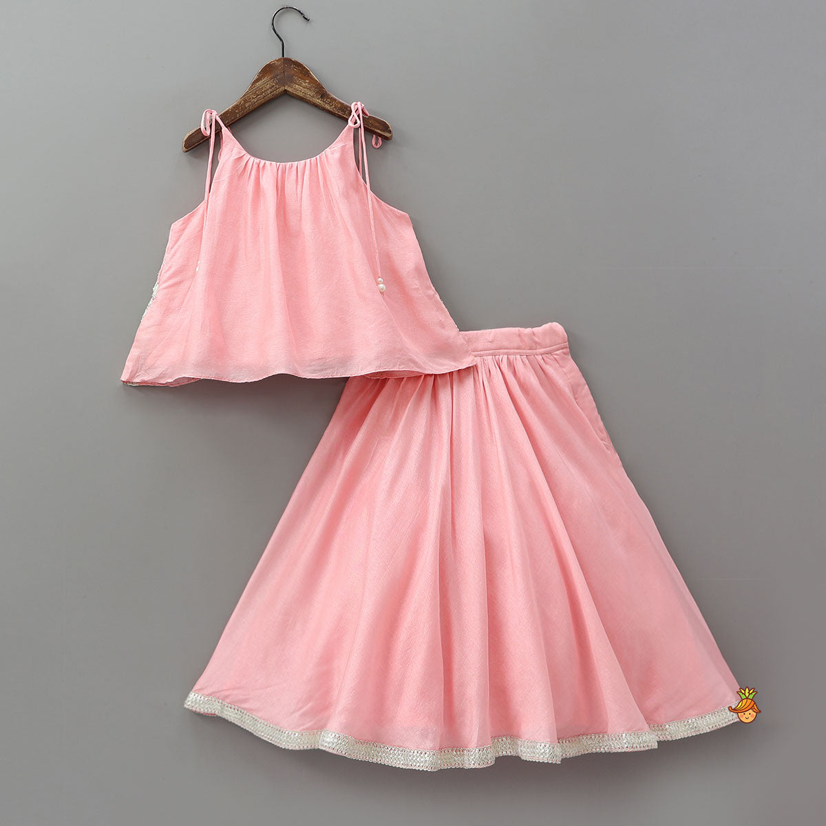 Gota Embroidered Strappy Top With Flared Lehenga And Matching Dupatta
