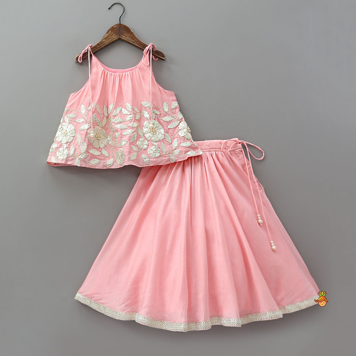 Gota Embroidered Strappy Top With Flared Lehenga And Matching Dupatta