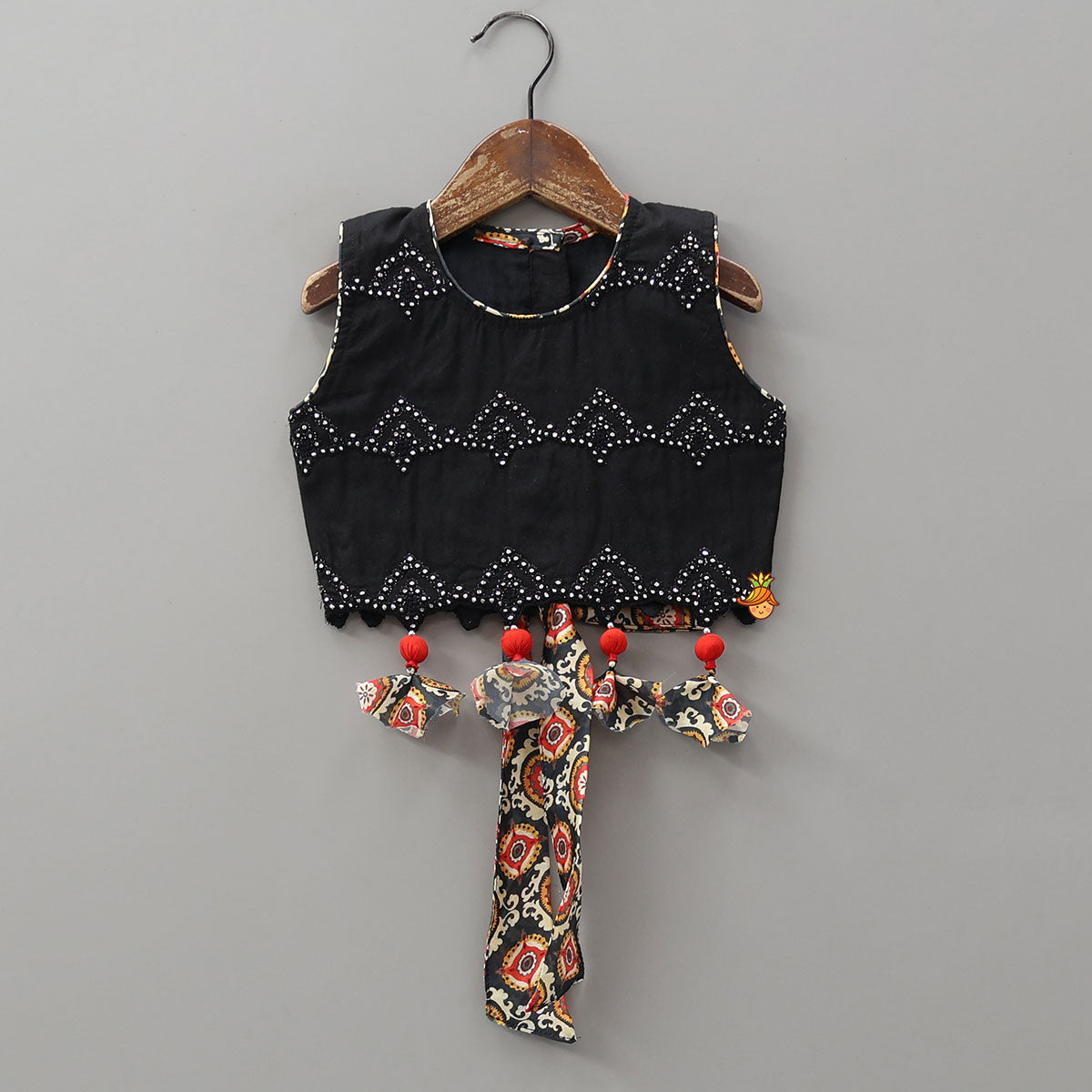 Faux Mirror Embroidered Crop Top And Printed Lehenga
