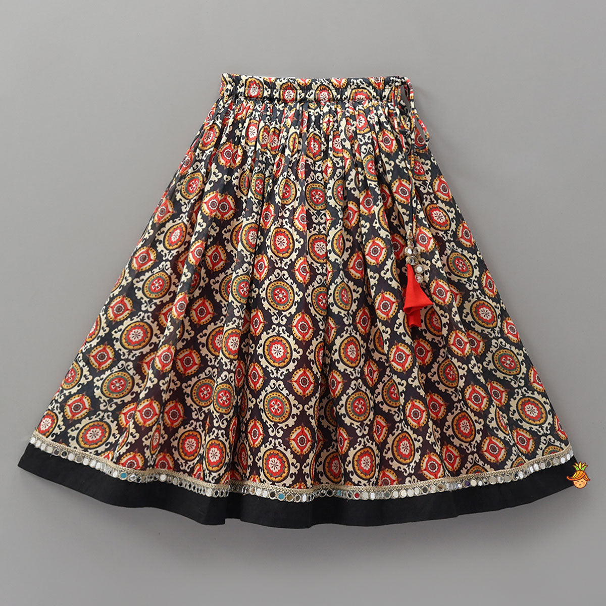 Faux Mirror Embroidered Crop Top And Printed Lehenga