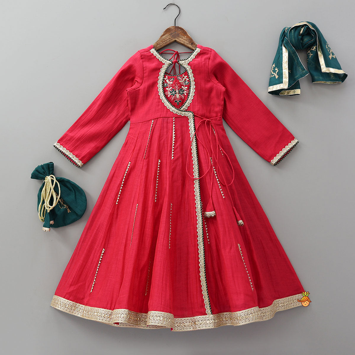 Round Neck Embroidered Yoke Ethnic Anarkali With Contrasting Dupatta And Potli Bag